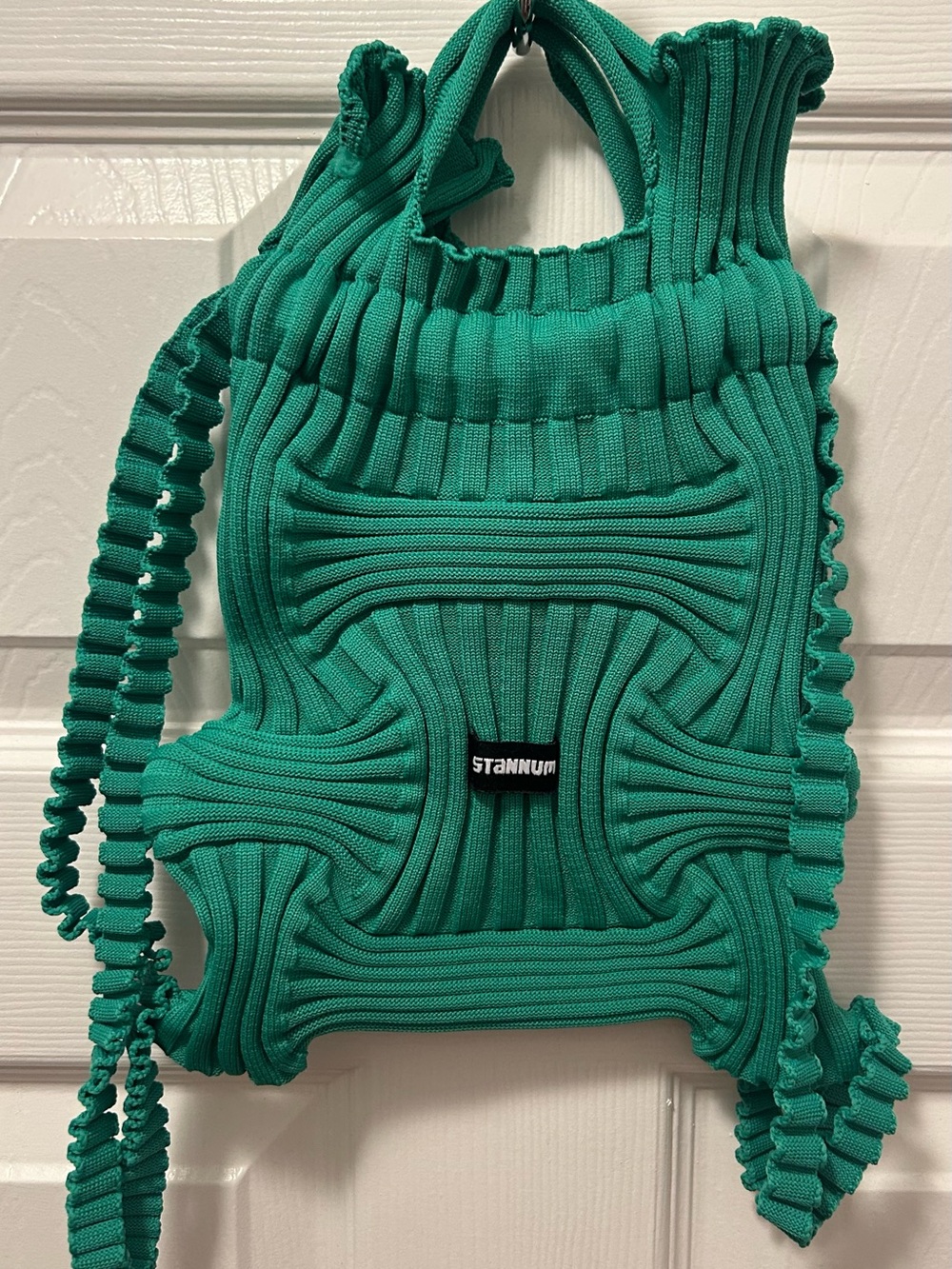Stannum Green Ribbed Knit Drawstring Mini Backpack Handbag